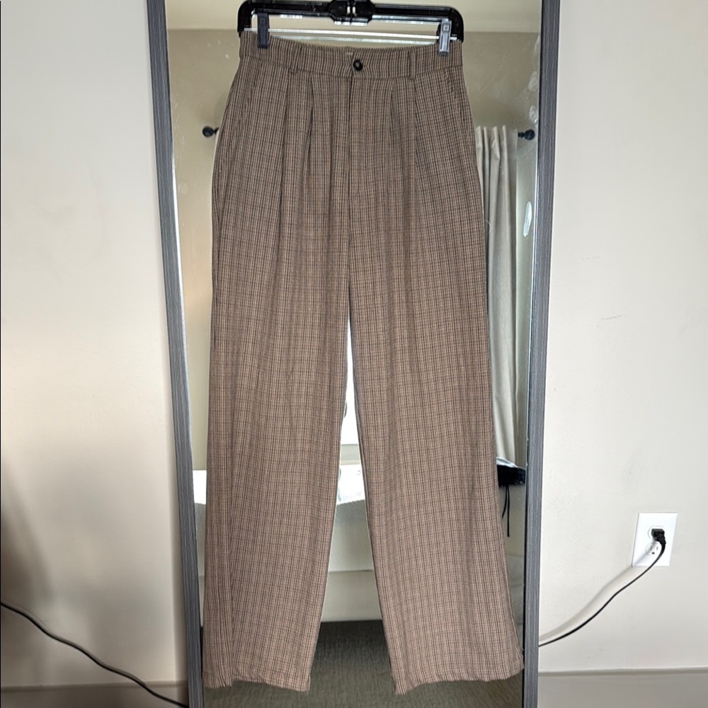 Reformation Brown Trousers High-Waisted Plaid